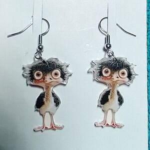 Funny baby bird wire dangle earrings black white brown